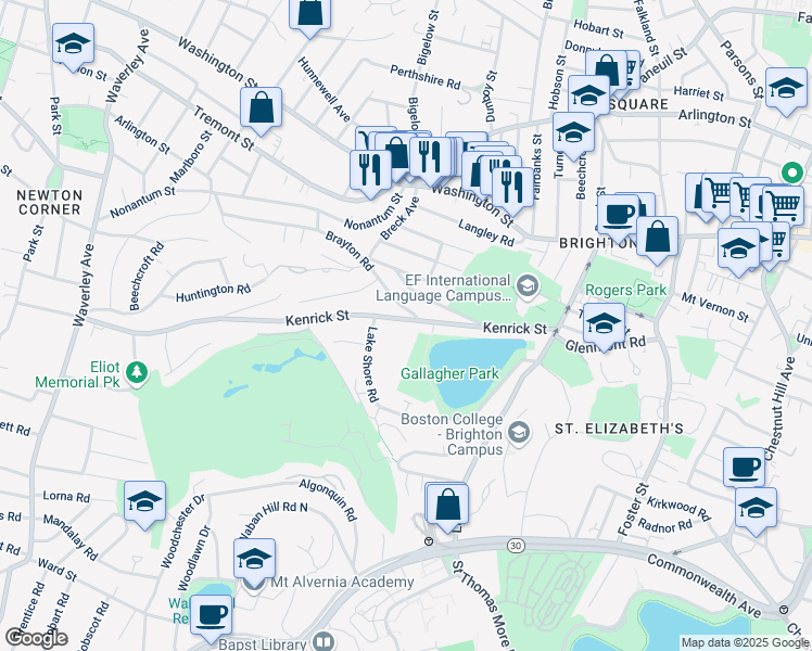 map of restaurants, bars, coffee shops, grocery stores, and more near 110-112 Kenrick Street in Boston