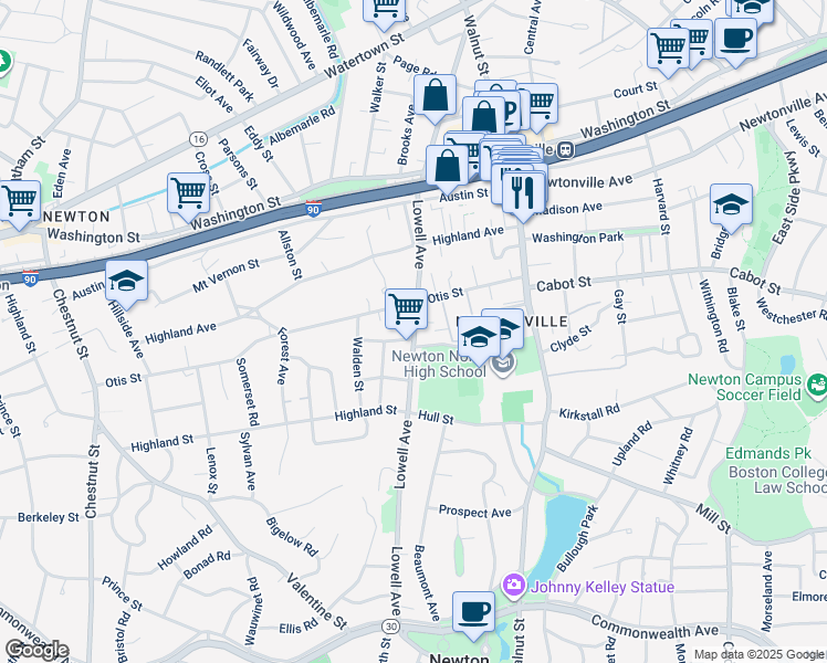 map of restaurants, bars, coffee shops, grocery stores, and more near 317 Lowell Avenue in Newton