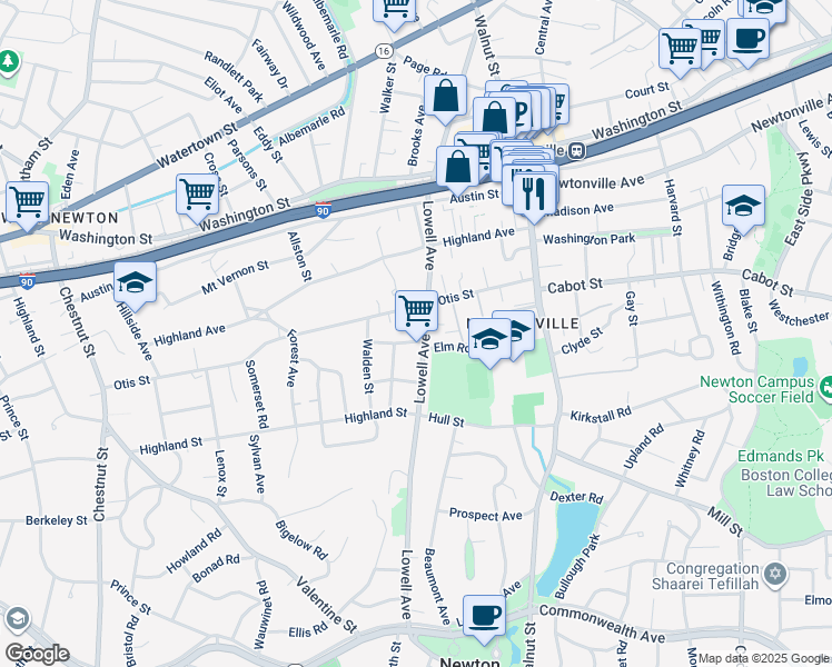 map of restaurants, bars, coffee shops, grocery stores, and more near 317 Lowell Avenue in Newton