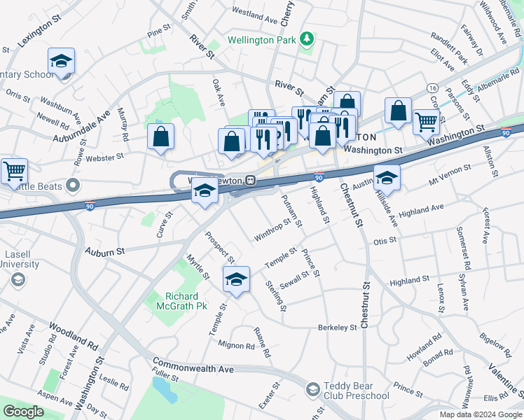 map of restaurants, bars, coffee shops, grocery stores, and more near 17 Shaw Street in Newton