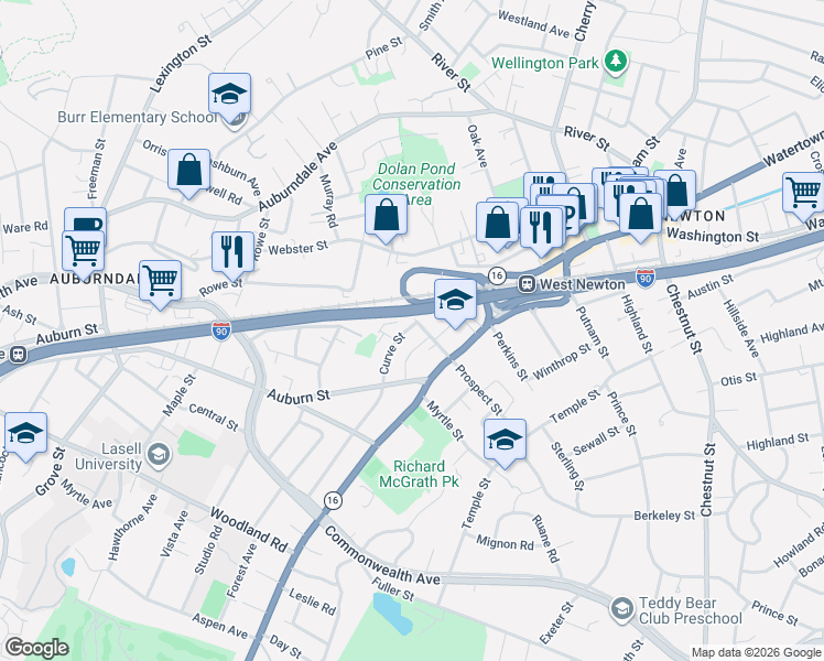 map of restaurants, bars, coffee shops, grocery stores, and more near 8 Curve Street in Newton