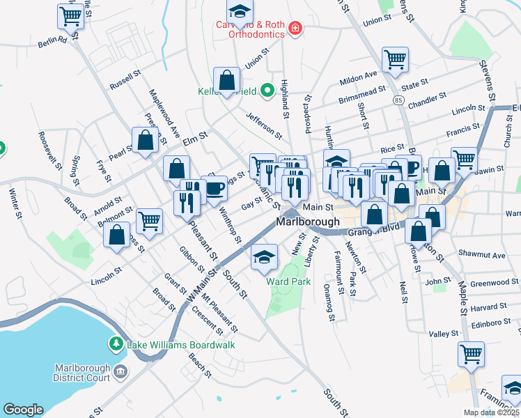 map of restaurants, bars, coffee shops, grocery stores, and more near 32 Mechanic Street in Marlborough