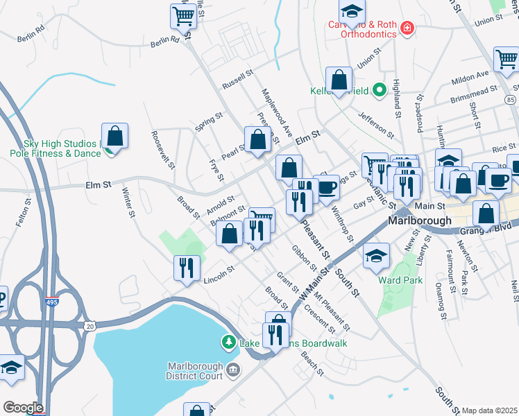 map of restaurants, bars, coffee shops, grocery stores, and more near 135 Chestnut Street in Marlborough