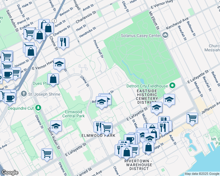 map of restaurants, bars, coffee shops, grocery stores, and more near 1925 Campau Farms Circle in Detroit