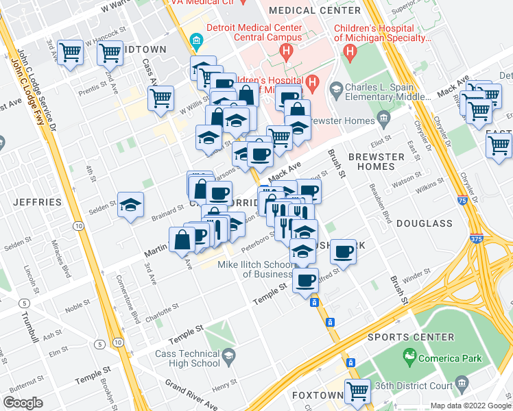map of restaurants, bars, coffee shops, grocery stores, and more near 3501 Woodward Avenue in Detroit