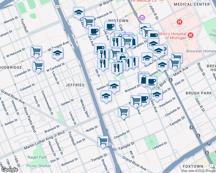 map of restaurants, bars, coffee shops, grocery stores, and more near 950 John C Lodge Service Drive in Detroit