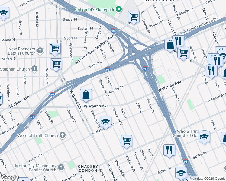 map of restaurants, bars, coffee shops, grocery stores, and more near 5203 25th Street in Detroit
