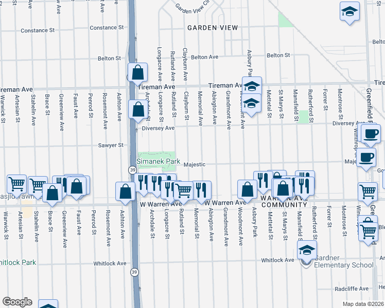 map of restaurants, bars, coffee shops, grocery stores, and more near 7445 Memorial Street in Detroit