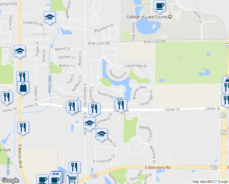 map of restaurants, bars, coffee shops, grocery stores, and more near 238 Buckingham Drive in Grayslake