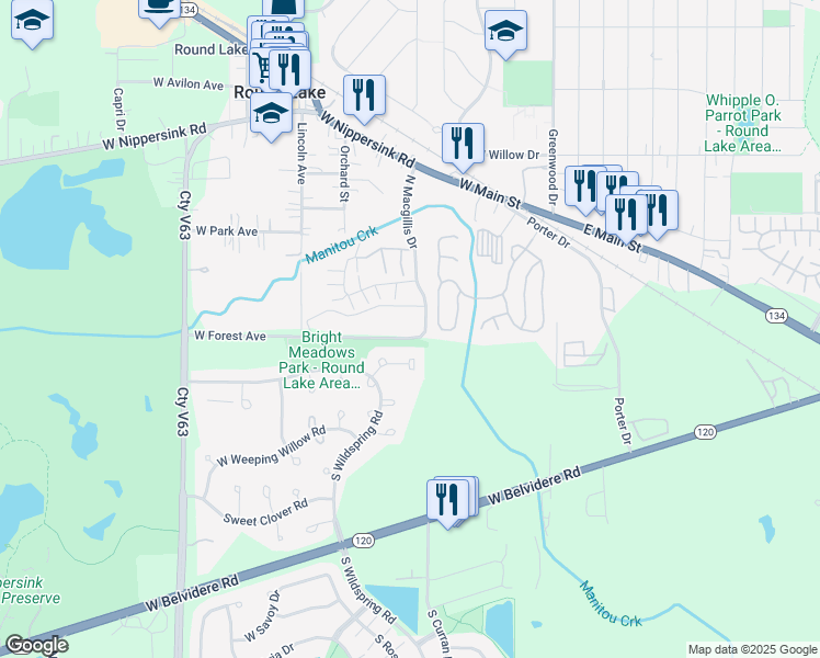 map of restaurants, bars, coffee shops, grocery stores, and more near 228 West Forest Avenue in Round Lake