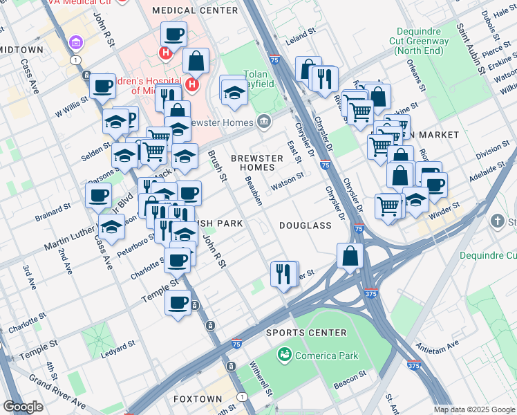 map of restaurants, bars, coffee shops, grocery stores, and more near 3035 Beaubien Street in Detroit