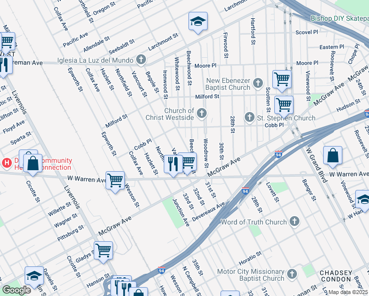 map of restaurants, bars, coffee shops, grocery stores, and more near 5845 Begole Street in Detroit