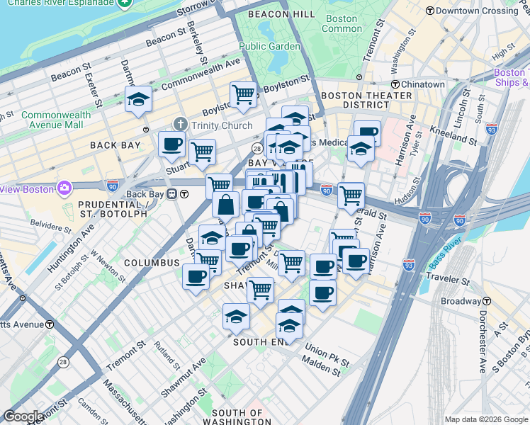 map of restaurants, bars, coffee shops, grocery stores, and more near in Boston