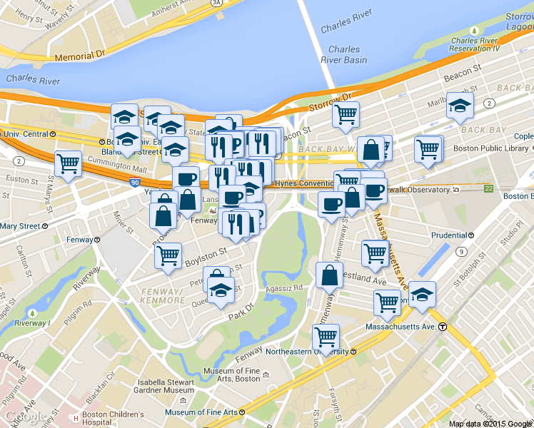 map of restaurants, bars, coffee shops, grocery stores, and more near 1179 Boylston Street in Boston