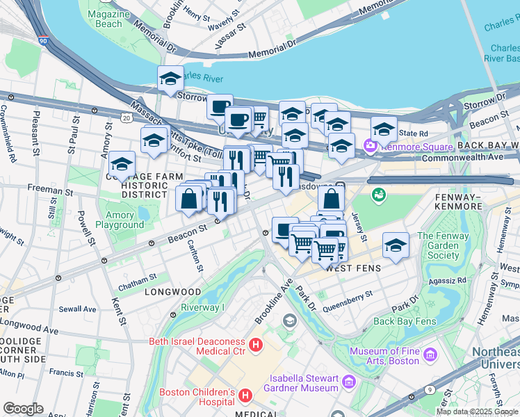 map of restaurants, bars, coffee shops, grocery stores, and more near 880 Beacon Street in Boston