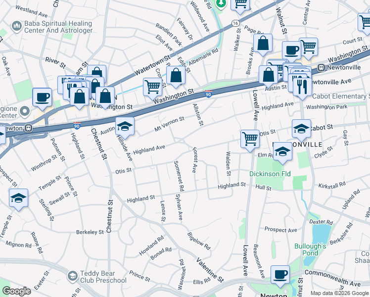 map of restaurants, bars, coffee shops, grocery stores, and more near 221 Otis Street in Newton