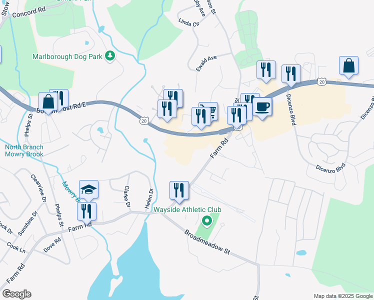 map of restaurants, bars, coffee shops, grocery stores, and more near 449 Boston Post Road East in Marlborough