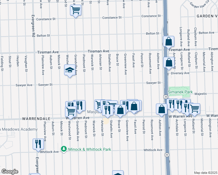 map of restaurants, bars, coffee shops, grocery stores, and more near 7425 Stahelin Avenue in Detroit