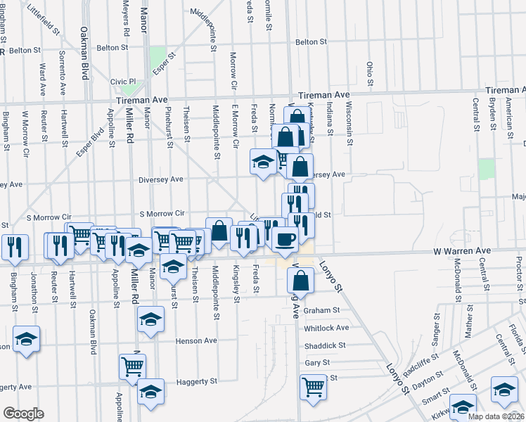 map of restaurants, bars, coffee shops, grocery stores, and more near 7413 Normile Street in Dearborn