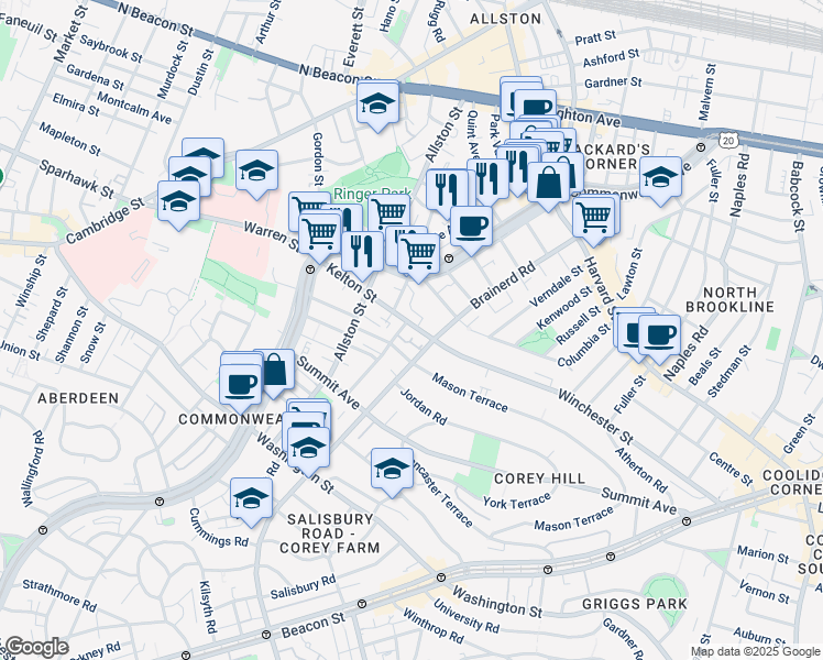 map of restaurants, bars, coffee shops, grocery stores, and more near 239 Kelton Street in Boston