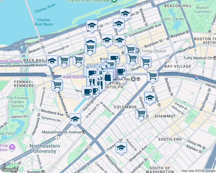 map of restaurants, bars, coffee shops, grocery stores, and more near 116 Huntington Avenue in Boston