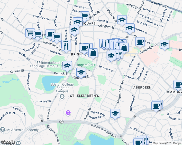 map of restaurants, bars, coffee shops, grocery stores, and more near 65 Rogers Park Avenue in Boston