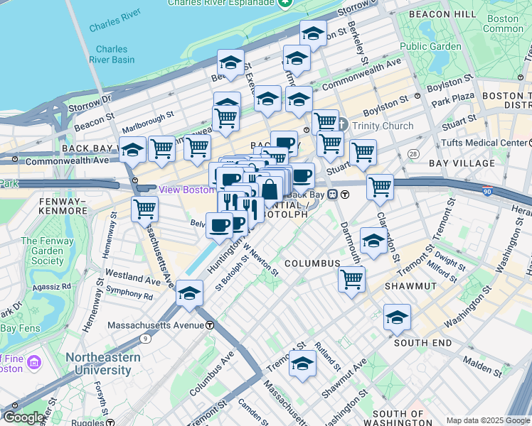 map of restaurants, bars, coffee shops, grocery stores, and more near 116 Huntington Avenue in Boston