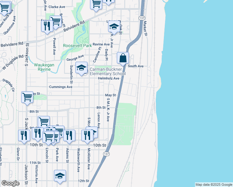 map of restaurants, bars, coffee shops, grocery stores, and more near 690 South Genesee Street in Waukegan