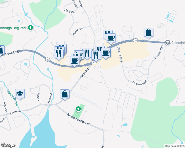 map of restaurants, bars, coffee shops, grocery stores, and more near 799 Farm Road in Marlborough