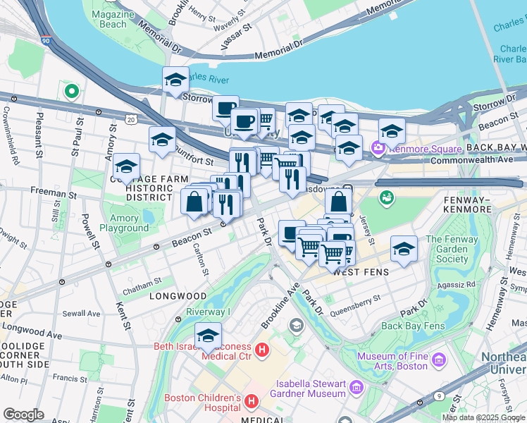 map of restaurants, bars, coffee shops, grocery stores, and more near 880 Beacon Street in Boston