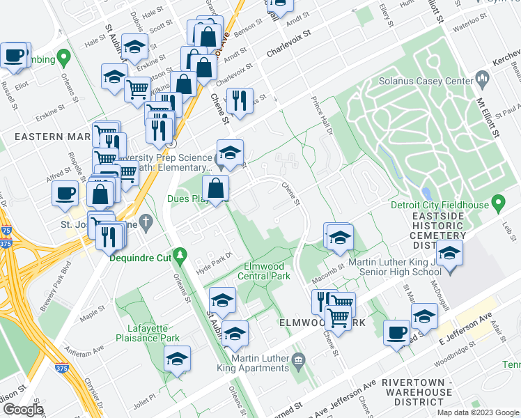 map of restaurants, bars, coffee shops, grocery stores, and more near 2142 Bryanston Crescent Street in Detroit
