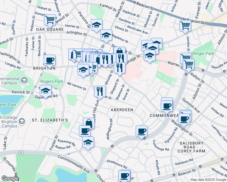 map of restaurants, bars, coffee shops, grocery stores, and more near 39 Shepard Street in Boston