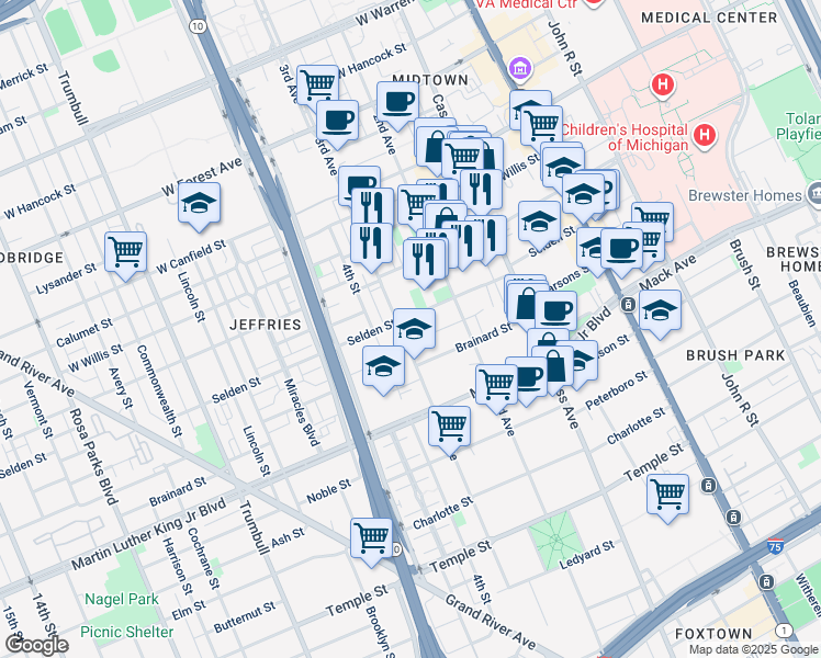 map of restaurants, bars, coffee shops, grocery stores, and more near 665 Selden Street in Detroit