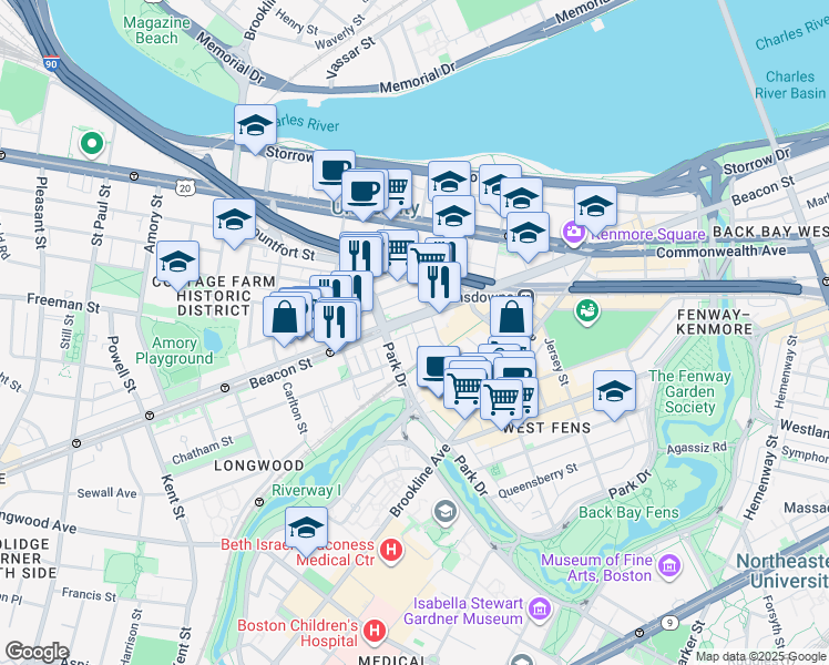 map of restaurants, bars, coffee shops, grocery stores, and more near 880 Beacon Street in Boston