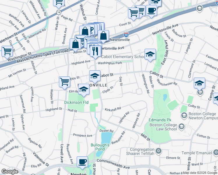 map of restaurants, bars, coffee shops, grocery stores, and more near 49 Clyde Street in Newton