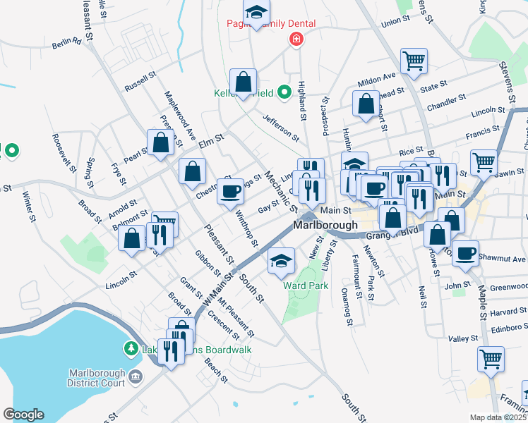 map of restaurants, bars, coffee shops, grocery stores, and more near 30 Gay Street in Marlborough