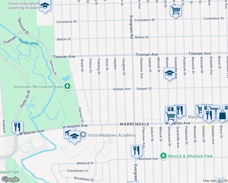 map of restaurants, bars, coffee shops, grocery stores, and more near 7441 Heyden in Detroit