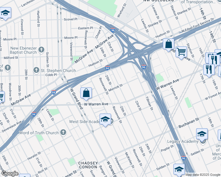 map of restaurants, bars, coffee shops, grocery stores, and more near 5203 25th Street in Detroit