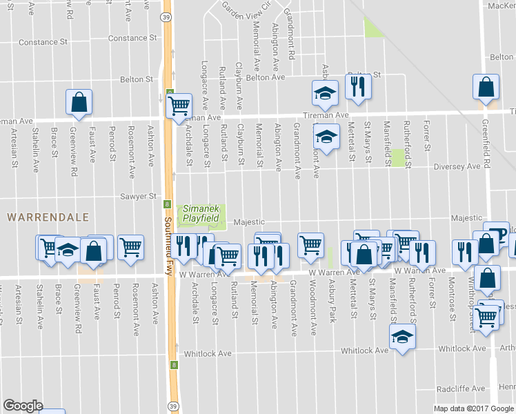 map of restaurants, bars, coffee shops, grocery stores, and more near 7445 Memorial Street in Detroit