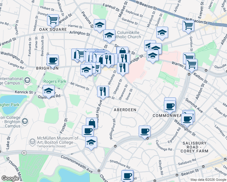 map of restaurants, bars, coffee shops, grocery stores, and more near 39 Shepard Street in Boston