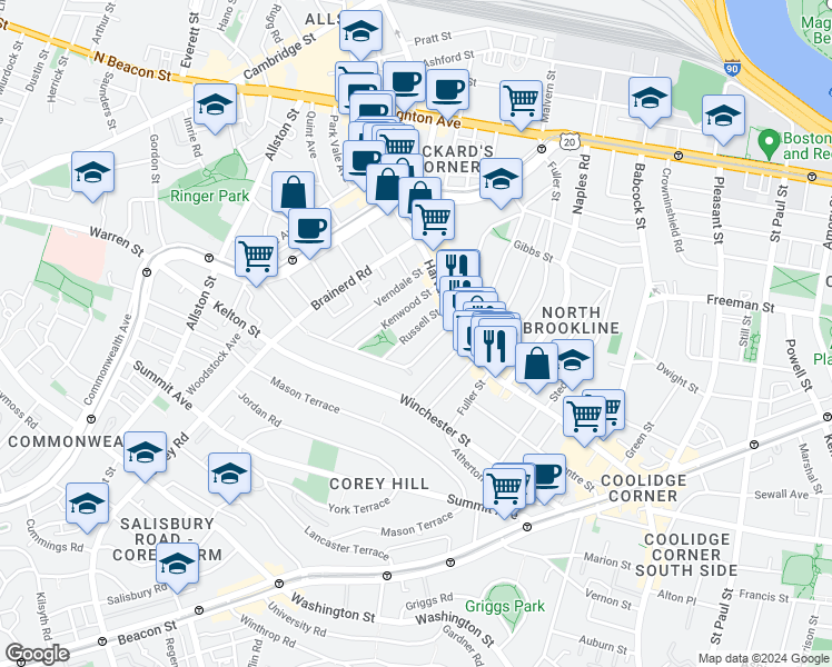 map of restaurants, bars, coffee shops, grocery stores, and more near 34 Russell Street in Brookline
