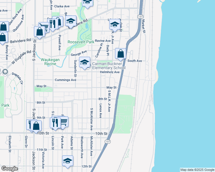 map of restaurants, bars, coffee shops, grocery stores, and more near 682 South Martin Luther King Junior Avenue in Waukegan