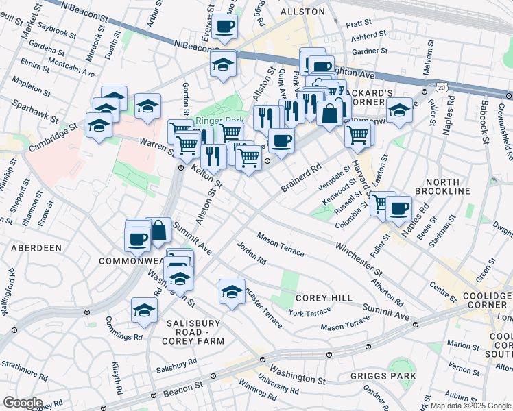 map of restaurants, bars, coffee shops, grocery stores, and more near 239 Kelton Street in Boston
