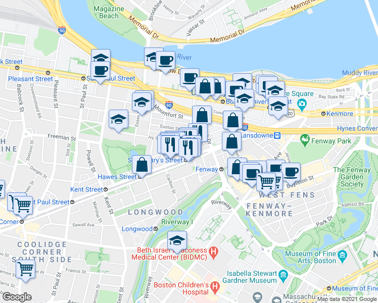 map of restaurants, bars, coffee shops, grocery stores, and more near 1002 Beacon Street in Brookline
