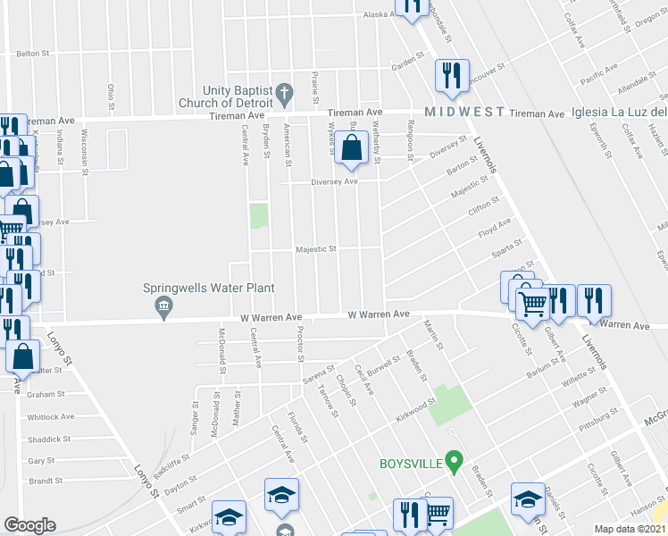 map of restaurants, bars, coffee shops, grocery stores, and more near 7311 Wykes Street in Detroit