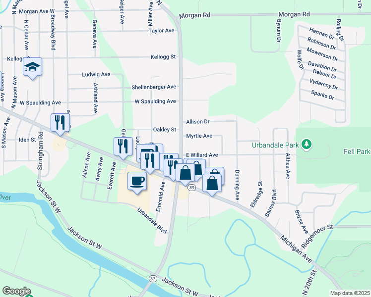 map of restaurants, bars, coffee shops, grocery stores, and more near 74 Bedford Road North in Battle Creek