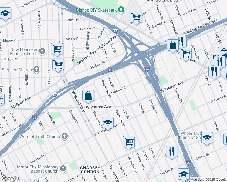 map of restaurants, bars, coffee shops, grocery stores, and more near 5203 25th Street in Detroit