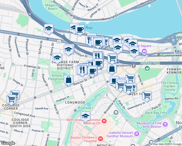 map of restaurants, bars, coffee shops, grocery stores, and more near 1009 A Beacon Street in Brookline