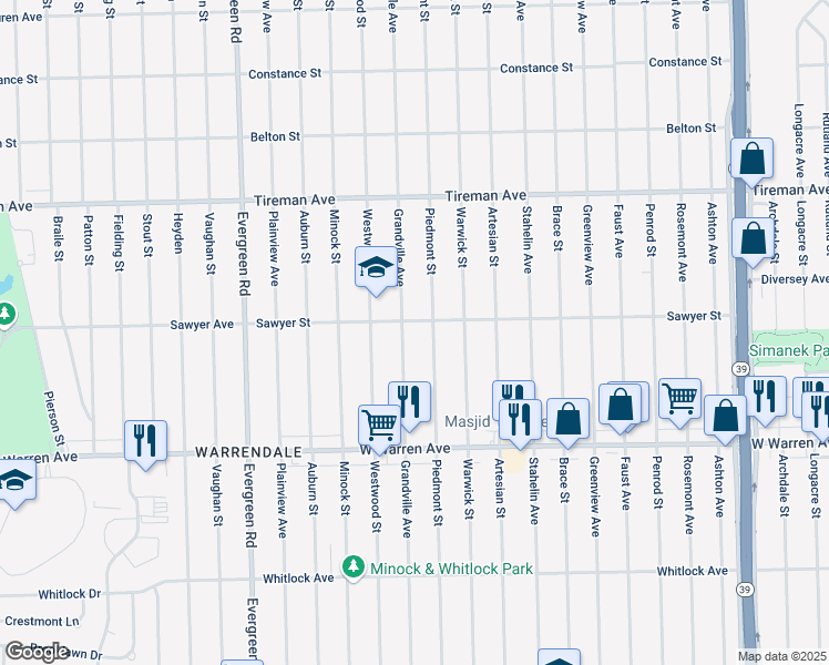 map of restaurants, bars, coffee shops, grocery stores, and more near 7430 Grandville Ave in Detroit