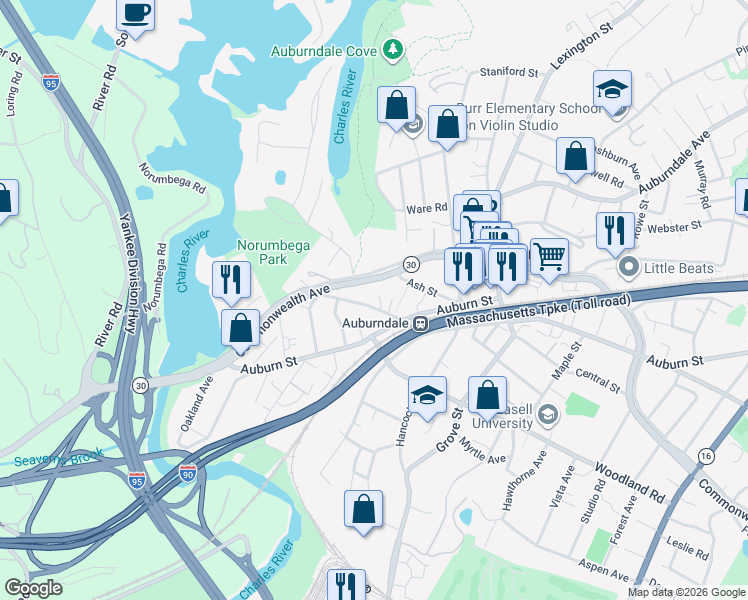 map of restaurants, bars, coffee shops, grocery stores, and more near 31 Woodbine Street in Newton